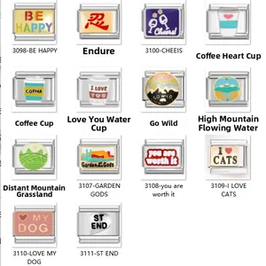 Detailed catalog of 14 DIY stainless steel modular charm links with enamel art designs
