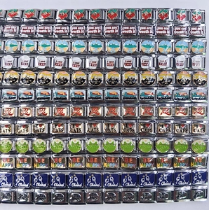 Detailed grid showing stainless steel Italian charms with colorful enamel patterns and slogans