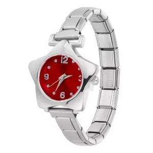 Montre en acier inoxydable en forme d'étoile avec cadran rouge et bracelet extensible