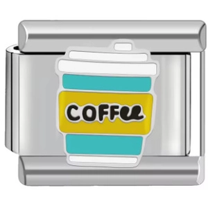 Macro shot of Italian modular charm featuring a coffee cup icon on stainless steel base