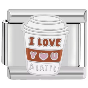 Macro detail of Italian charm bead with enamel coffee cup and I Love You A Latte text