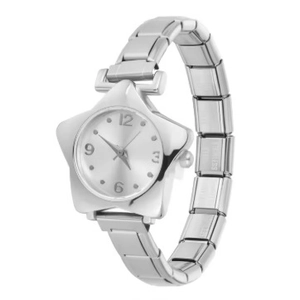 Détail latéral du boîtier de montre en forme d'étoile et du bracelet en acier flexible