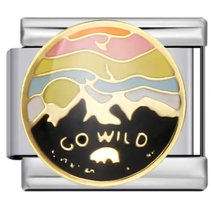 Detail of Italian charm link featuring GO WILD text and a mountain landscape design
