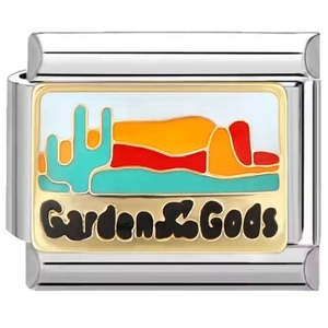 Detailed macro of Italian charm link featuring Garden of the Gods enamel desert scenery