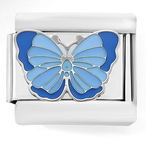 Dettaglio charm a farfalla in smalto blu per bracciale modulare italiano in acciaio inox