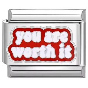 Italian charm link with 'you are worth it' quote on red enamel and stainless steel