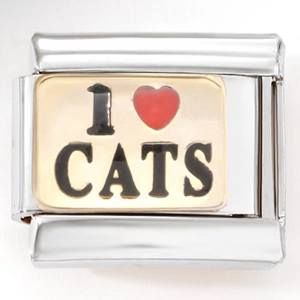 Macro shot of Italian charm link featuring I love cats text with a red heart on steel