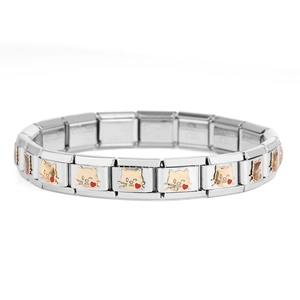 Detail eines Edelstahl-Modulararmband-Glieds mit gelber Katze und rotem Herzsymbol