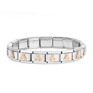 Detailansicht eines modularen Edelstahl-Armbands mit goldenen Bären- und rosa Herz-Gliedern