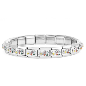 Details des Edelstahl-Modulararmbands mit bunten Strasssteinen und floralen Motiven