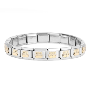 Nahaufnahme der modularen Edelstahl-Armbandglieder mit goldenen Doppelkatzenmotiven