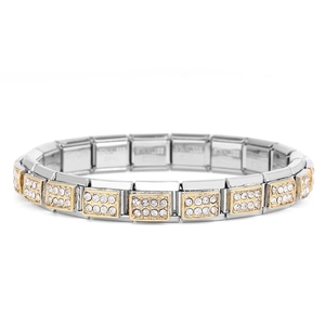 Detailansicht des modularen Edelstahl-Armbands mit goldenen Elementen und Kristallen