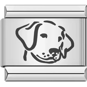 Poliertes italienisches Charm-Glied aus Edelstahl mit graviertem Hunde-Porträt