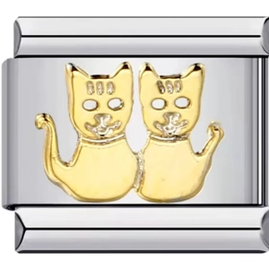 Detail eines Edelstahl-Armbandglieds mit zwei goldenen Katzen für italienische Charm-Armbänder