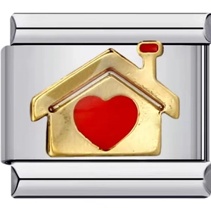 Modulares Edelstahl-Charm mit goldenem Hausdesign und rotem Herz für DIY-Armbänder