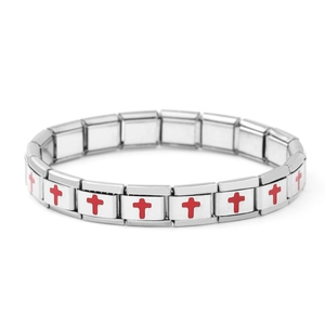 Detail of silver stainless steel Italian charm bracelet with red cross link pattern