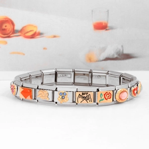 Detail of Italian charm bracelet links featuring BFF motif and colorful enamel charms