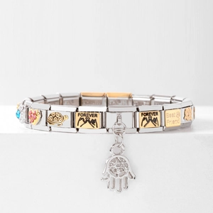 Detail of Italian modular charm bracelet with Hamsa hand and Best Friend engravings