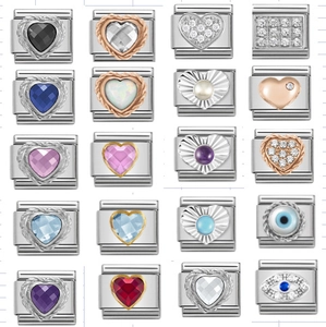 Italian charm link collection with colorful heart stones and evil eye in stainless steel
