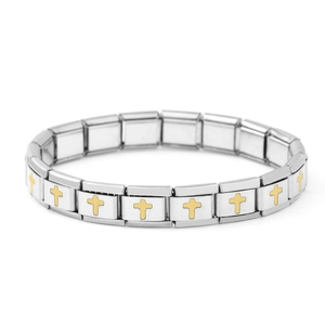 Macro detail of Italian charm bracelet showing modular stainless steel gold cross links