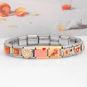 Detail of stainless steel stretch bracelet with pink hearts and enamel floral charms