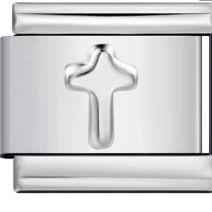 Macro view of modular stainless steel bracelet link with embossed cross and silver finish