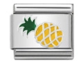 Close-up of stainless steel charm link featuring a yellow and green enamel pineapple design