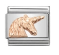 Macro view of stainless steel bracelet link with rose gold unicorn charm relief detail