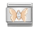 Detail of stainless steel charm with rose gold butterfly and marquise-cut crystal