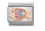 Detail of Italian charm link featuring a rose gold fish with colorful gemstones