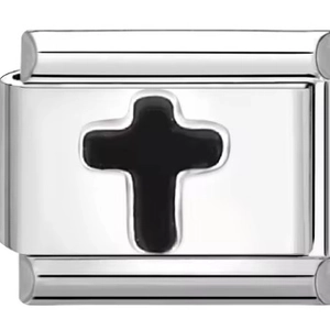 Detailed close-up of a stainless steel modular charm with a black enamel cross design