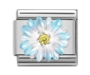 Detailed view of stainless steel charm link with blue and white daisy floral enamel inlay