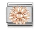 Detail showing an Italian charm link with a rose gold daisy design on stainless steel