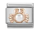 Detail of Italian charm link in stainless steel with rose gold crab and pearl inlay