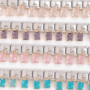Italienisches Modulares Charm-Armband Edelstahl Einzelglied Mit Quadratischem Edelstein-Anhänger DIY Schmuck Für Damen
