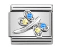 Detailed view of Italian charm link featuring a silver dragonfly with blue and yellow crystals