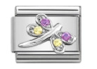 Detail of stainless steel dragonfly charm with purple and yellow crystals for modular bracelets