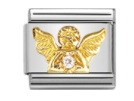 Detail of stainless steel charm with gold angel motif and inlaid white crystal