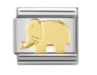 Detail view of Italian charm link featuring a golden elephant on stainless steel