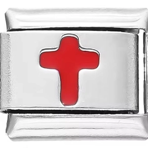 Italian charm bracelet module with stainless steel finish and red cross design