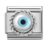 Italian charm link featuring a blue evil eye symbol with twisted silver metal border