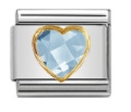 Detail of modular steel link featuring a light blue heart gem with gold-tone border