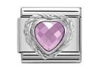 Detail of square stainless steel charm with purple heart crystal and braided texture