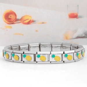 Italian charm bracelet in stainless steel featuring vibrant yellow enamel pineapple links