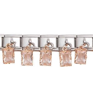 Italienisches Charm-Armband mit Edelstahlgliedern und fünf rosa Edelsteinanhängern