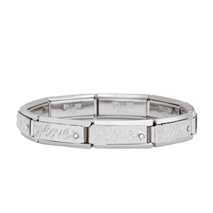 Polished stainless steel modular charm bracelet featuring Love engraving and crystal accents