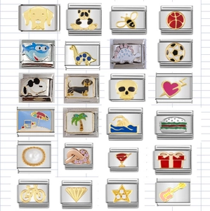 Auswahl an italienischen Charm-Links aus Edelstahl mit Panda-, Hund- und Sportmotiven