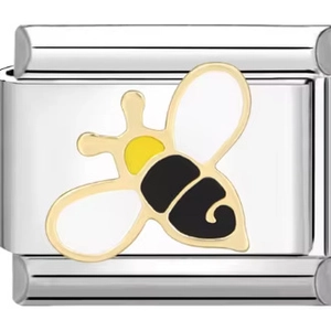 Detailaufnahme eines italienischen Edelstahl-Charms mit goldenem Emaille-Bienen-Design