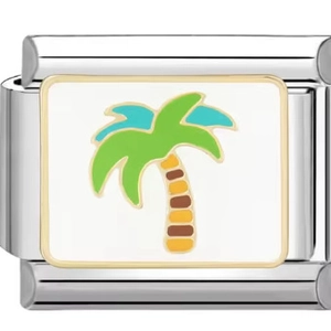 Makroaufnahme der Edelstahl-Armbandglied mit farbenfrohem Palmen-Design im italienischen Stil