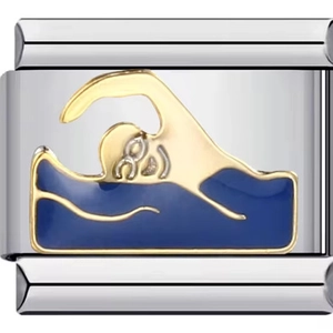 Makroaufnahme des italienischen Charm-Moduls mit goldenem Schwimmer und blauem Emaille